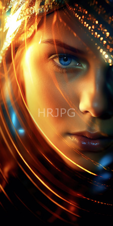 High Resolution: Ethereal woman striking blue eyes glossy lips illuminated by golden light rays long red hair adorned in intricate jewelry-like headpieces download. | HRJPG.com