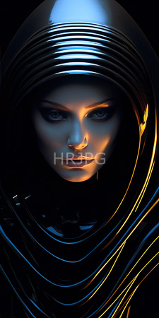 High Resolution: Intense pale-skinned woman striking blue eyes dark makeup wearing a futuristic black hooded cloak illuminated by soft orange light download. | HRJPG.com