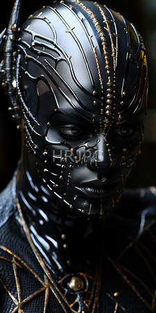 High Resolution: Intricately detailed black metallic mask gold wire patterns covering its face and head in geometric designs closed eyes download. | HRJPG.com
