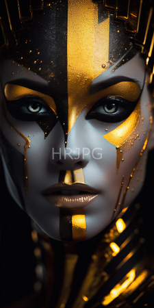 High Resolution: Androgynous person pale skin striking green eyes black eyeliner face painted in gold-black stripes ancient Egyptian futuristic warrior download. | HRJPG.com