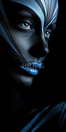 High Resolution: African-American woman dark skin striking blue lips and eyes highlighted by dramatic lighting intricate light-blue tribal headgear download. | HRJPG.com