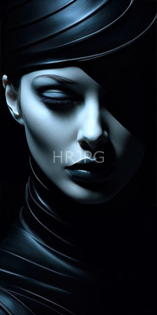 High Resolution: Ethereal woman pale porcelain skin dark lipstick black leather-like fabric wrapping around her head and neck in dramatic folds download. | HRJPG.com