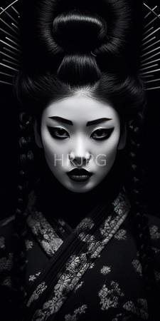High Resolution: Black-and-white East Asian woman pale skin traditional Japanese attire elaborate hair styled in intricate braids large ornate combs download. | HRJPG.com