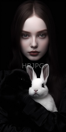 High Resolution: Ethereal young woman pale skin dark brown hair soft green eyes gazing forward holds two rabbits one white rabbit download. | HRJPG.com