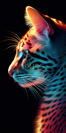 High Resolution: Illuminated side-profile cat vibrant neon colors black background glowing orange blue fur patterns resembling leopard spots download. | HRJPG.com