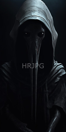 High Resolution: Enigmatic figure dark shadowy lighting wearing a tattered black hooded cloak medieval-style plague doctor mask long beak-like nose download. | HRJPG.com