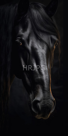 High Resolution: Elegant black horse with glossy coat and long mane partially covering its face soft light highlights musculature around eyes download. | HRJPG.com