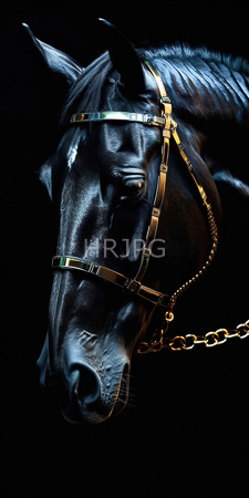 High Resolution: Elegant black horse's head illuminated against a dark background dramatic lighting highlighting its glossy coat muscular features gold leather bridle download. | HRJPG.com
