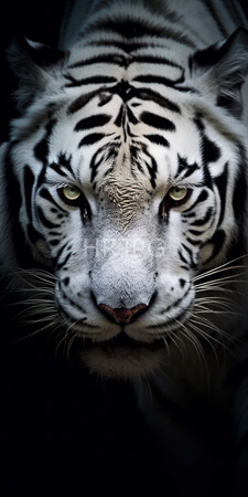 High Resolution: Intense close-up white tiger with striking black stripes and piercing green eyes against dark background fur is textured whiskers prominent download. | HRJPG.com