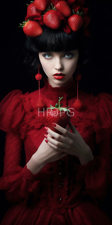 High Resolution: Pale-skinned woman black wavy hair bangs wearing red lace dress adorned in puffed sleeves holds large strawberry at chest level download. | HRJPG.com