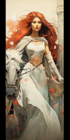 High Resolution: Ethereal woman with long flowing red hair fair skin riding a white horse adorned in classical attire sleeveless ivory gown download. | HRJPG.com