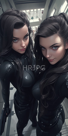 High Resolution: Two attractive women long wavy black hair piercing eyes tight-fitting leather outfits standing close together indoors one holds a gun download. | HRJPG.com