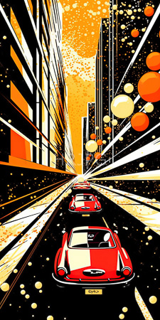High Resolution: Abstract illustration depicting three red vintage cars driving down a narrow urban street with tall buildings bright orange yellow hues splattered download. | HRJPG.com