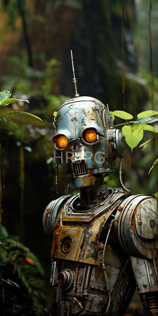 High Resolution: Aged rusted robot with glowing orange eyes standing in dense jungle foliage metallic body shows wear and tear from nature's elements download. | HRJPG.com
