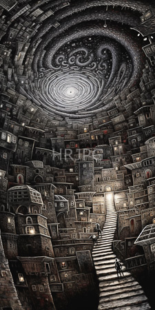 High Resolution: Intricate fantasy illustration depicting a surreal cityscape with tightly packed buildings dark gray brown tones swirling spiral patterns download. | HRJPG.com