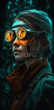 High Resolution: Asian woman fair skin wearing vintage-style orange goggles brown leather straps over her head in a forest setting at night download. | HRJPG.com