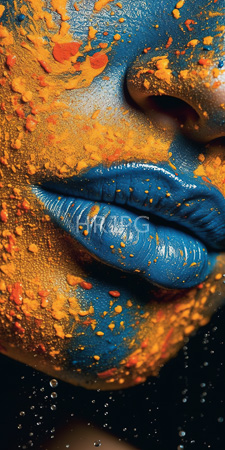 High Resolution: Close-up face vibrant blue lips partially covered in orange yellow turmeric powder splatters on smooth skin dark background download. | HRJPG.com