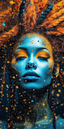 High Resolution: African woman with blue-painted skin closed eyes adorned in yellow eyeshadow orange-brown dreadlocks sprinkled with colorful beads download. | HRJPG.com