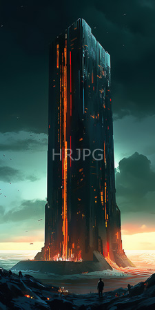 High Resolution: Enormous towering skyscraper glowing red orange lights cascading down its dark facade against a cloudy sky at sunset download. | HRJPG.com