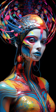 High Resolution: Abstract futuristic woman vibrant multicolored patterns on her skin and hair resembling circuitry fluid dynamics blue lips intricate headpiece download. | HRJPG.com