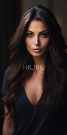 High Resolution: Attractive young woman long wavy dark brown hair olive skin tone standing against a blurred background in dim lighting download. | HRJPG.com