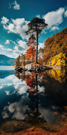 High Resolution: Isolated tall pine tree rocky islet in calm lake reflecting vivid autumn foliage cloudy blue sky surrounding forest download. | HRJPG.com