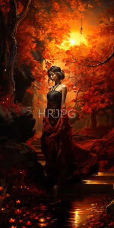 High Resolution: Ethereal woman with dark hair wearing black red flowing dress standing in reflective water amidst vibrant autumn forest download. | HRJPG.com