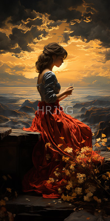 High Resolution: Elegant woman wavy brown hair wearing a blue off-shouldered top flowing red skirt sitting on stone steps at sunset download. | HRJPG.com