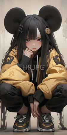 High Resolution: Anime-style drawing androgynous character long black hair mouse ears headband small skull design wearing yellow bomber jacket download. | HRJPG.com