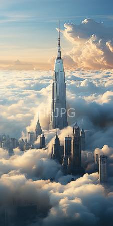 High Resolution: New York City's skyline at sunrise One World Trade Center towering above fluffy clouds golden sunlight illuminates cloud tops download. | HRJPG.com