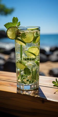 High Resolution: Ice-filled glass with sliced lime mint leaves and green herbs on wooden planks by a sunny beach clear blue sky download. | HRJPG.com