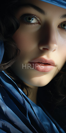 High Resolution: Attractive young woman fair skin green eyes full pink lips wearing blue satin fabric partially covers her face download. | HRJPG.com