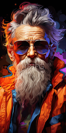 High Resolution: Elderly man white wavy hair full beard wearing large aviator sunglasses orange jacket over blue clothing dark background download. | HRJPG.com