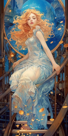 High Resolution: Ethereal fair-skinned woman flowing blonde hair translucent blue gown sitting on metallic stairs circular window starry night sky download. | HRJPG.com