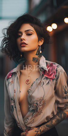 High Resolution: Androgynous light-skinned individual short curly dark hair wearing floral-patterned sheer blouse exposing small breasts crescent moon tattoo download. | HRJPG.com