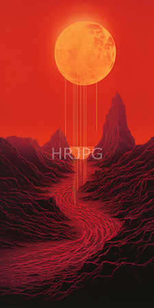 High Resolution: Abstract surreal landscape jagged mountains under a large red-orange sun that drips long vertical lines of light download. | HRJPG.com