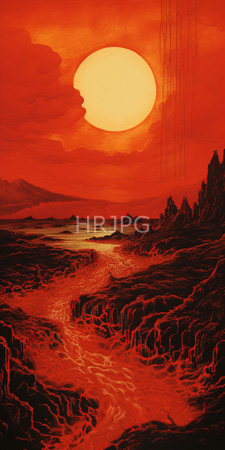 High Resolution: Intense red-hued landscape at sunset jagged rock formations winding waterways leading to distant mountains large glowing sun download. | HRJPG.com