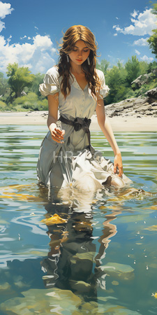 High Resolution: Attractive young woman wavy light brown hair fair skin kneeling in clear water on a sunny day lakeside beach download. | HRJPG.com