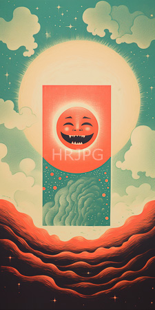 High Resolution: Ominous smiling sun with sharp teeth centered in a rectangular frame against teal sky filled with clouds and stars download. | HRJPG.com