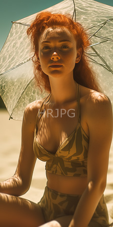 High Resolution: Fair-skinned red-haired woman with freckles sitting on sandy beach under translucent umbrella wears camouflage bikini top matching bottoms download. | HRJPG.com