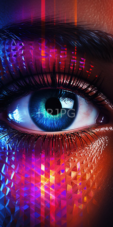 High Resolution: Hyper-realistic artwork intense blue-green eye detailed iris patterns reflecting vibrant red purple geometric shapes on its skin download. | HRJPG.com