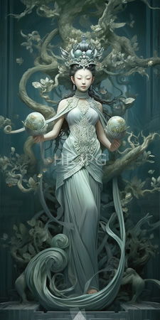 High Resolution: Ethereal fair-skinned Asian woman closed eyes serene expression wearing intricate silver-green robes adorned in floral patterns holds two ornate spheres download. | HRJPG.com