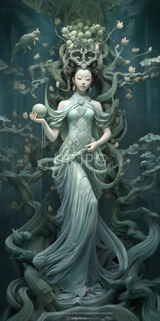 High Resolution: Ethereal Asian woman pale skin closed eyes wearing a flowing silver-green dress adorned in intricate patterns holds a glowing green orb download. | HRJPG.com