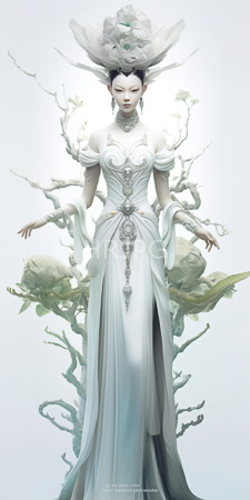 High Resolution: Ethereal pale-skinned woman delicate features closed eyes wearing an elaborate white gown adorned in silver patterns hair styled into intricate floral headgear download. | HRJPG.com