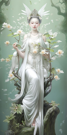 High Resolution: Ethereal pale-skinned woman delicate features red lips sitting on twisted tree branches adorned in white floral-patterned robes holding blooming magnolia download. | HRJPG.com