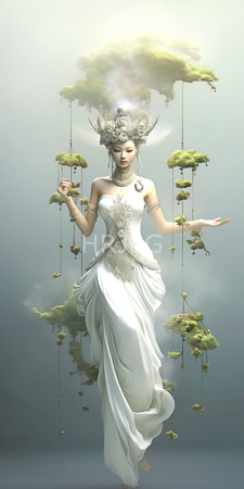 High Resolution: Ethereal fair-skinned woman delicate features closed eyes floating in mid-air against a misty background wears a flowing white gown download. | HRJPG.com
