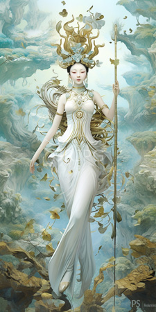 High Resolution: Ethereal fair-skinned woman long black hair closed eyes wearing a flowing white gown adorned in gold patterns holds a tall golden staff download. | HRJPG.com
