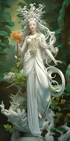 High Resolution: Ethereal white-skinned goddess flowing silver hair ornate headdress holding orange flower in lush forest setting gold-embellished gown download. | HRJPG.com