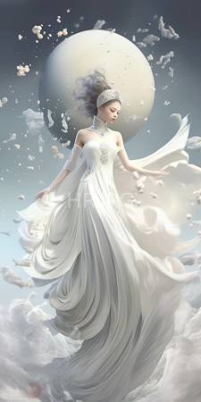 High Resolution: Ethereal woman floating in clouds wearing a flowing white gown with intricate lace detailing silver headpiece dark hair styled up download. | HRJPG.com