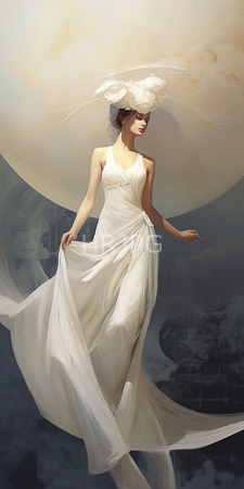 High Resolution: Ethereal woman in flowing white gown with delicate lace details sheer fabric that billows gracefully around her legs dark hair partially obscured download. | HRJPG.com